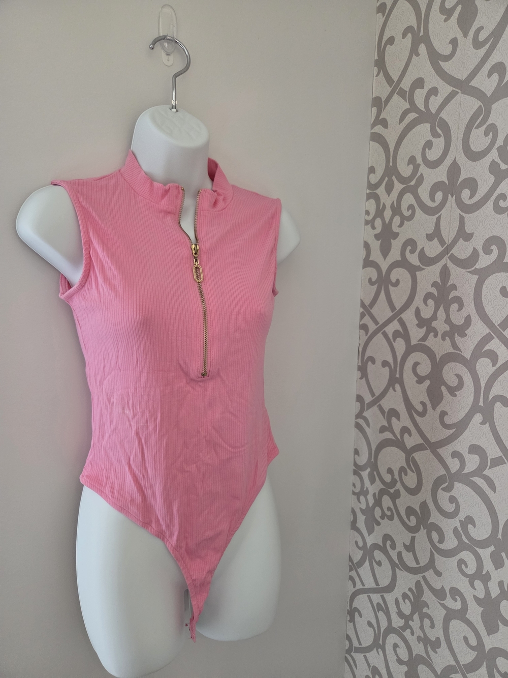 Pink Ribbed Zipper One-Piece Bodysuit